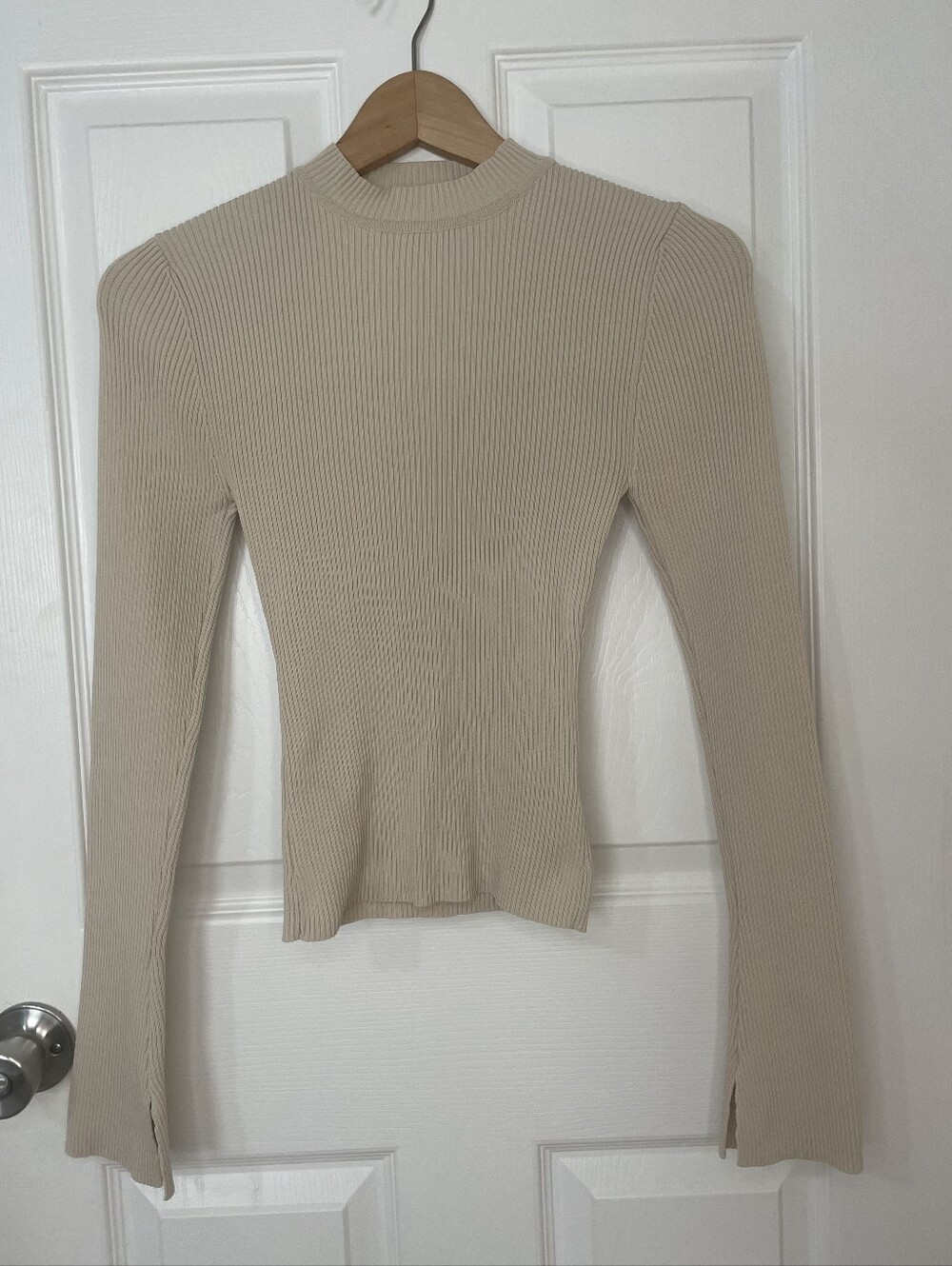 DISSH Ribbed Mock Neck Long Sleeve Top in Beige Size S